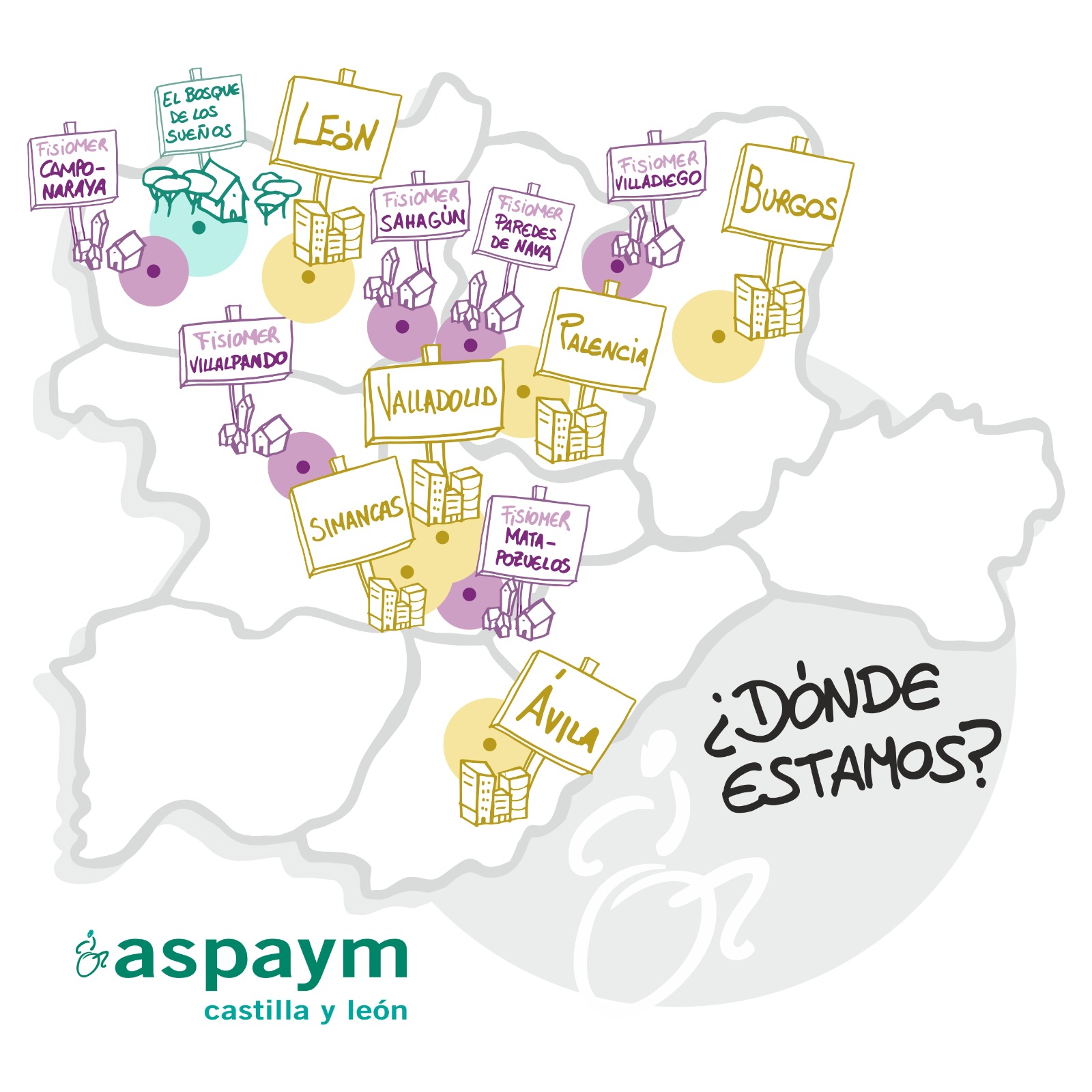 Mapa de Castilla y León, en el que se señalan los puntos en los que está presente ASPAYM Castilla Y León