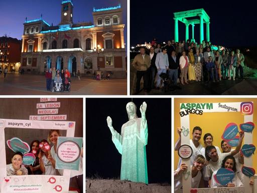 Collage con fotos de la campaña contigo hasta la médula: El Ayuntamiento de Valladolid, los Cuatro postes de Ávila y el cristo del Otero de palencia iluminados de color verde y gente de las sede de Burgos y León posando en un photocall