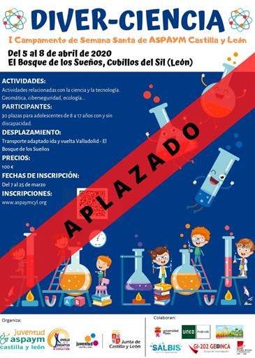 Cartel del campamento Diver-Ciencia con el aviso de Aplazado