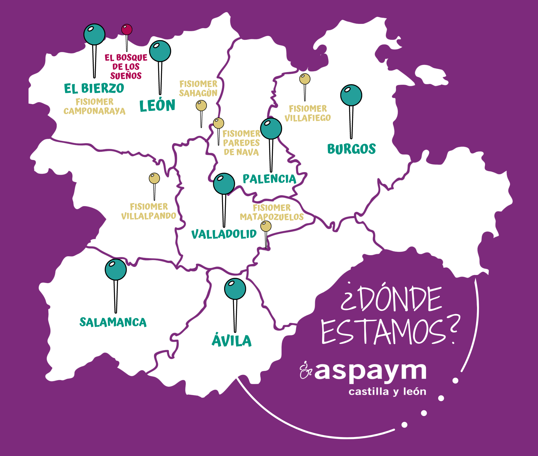 Mapa de Castilla y León con los centros en los que ASPAYM Castilla y León está presente