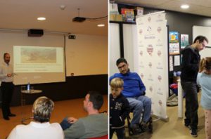 A la derecha imagen de la conferencia sobre actividad física del grupo recoletas y a la izquierda dos niños con dos miembros de ASPAYM en el taller.