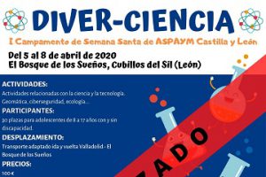Cartel del campamento Diver-Ciencia con el aviso de Aplazado